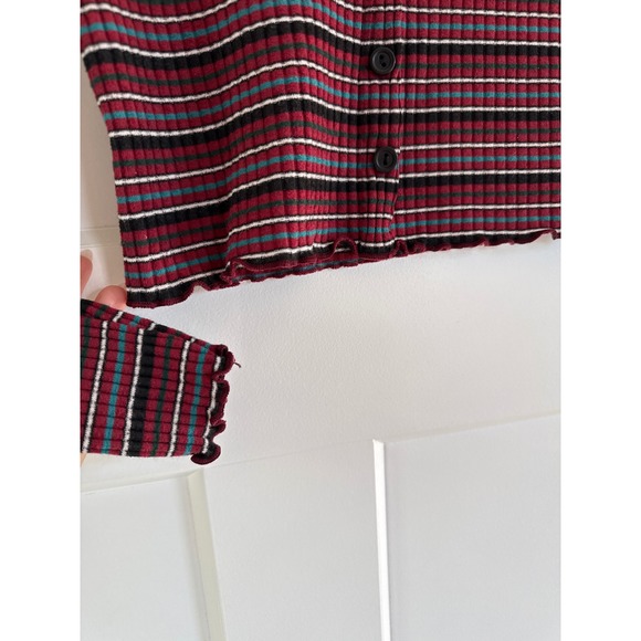 Gaze Striped Ribbed Knit Ruffle Trim Button Front Long Sleeve Top Medium - Picture 2 of 4